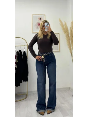 Fular Kemerli Yüksek Bel Düz Paça Jean - Koyu Lacivert