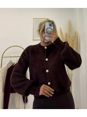 Gold Düğmeli Bukle (Fuzzy) Triko Hırka - Krem, Kahverengi & Siyah