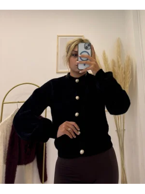 Gold Düğmeli Bukle (Fuzzy) Triko Hırka - Krem, Kahverengi & Siyah