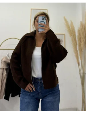 Gömlek Yaka Fermuarlı Triko Shacket - Koyu Kahverengi