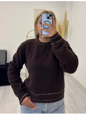 Kontrast Beyaz Dikiş Detaylı Kalın Triko Kazak - Haki & Kahverengi