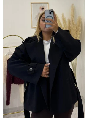 Kruvaze Kuşaklı Geniş Yakalı Kısa Kaşe Ceket - Bej, Siyah & Vizon