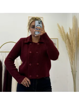 Kruvaze Yakalı Çift Düğmeli Fitilli Örgü Kısa Triko Hırka - Vişne Çürüğü/Bordo