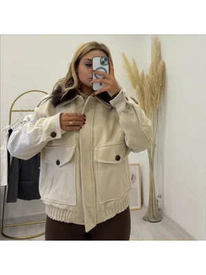 Kürklü Yaka Cepli Bomber Kısa Mont - Krem/Siyah