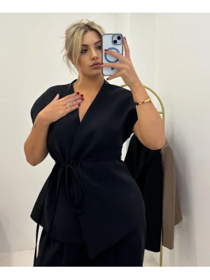 Kuşaklı Kruvaze Yelek & Bol Paça Pantolon Takımı - Lacivert/Siyah/Kahve