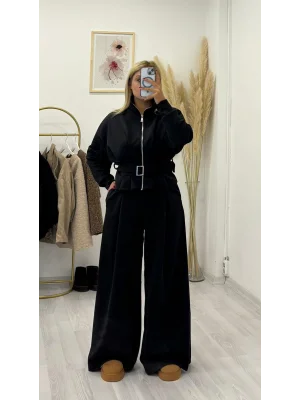 Monokrom Kuşaklı Yüksek Yaka İki Parça Takım