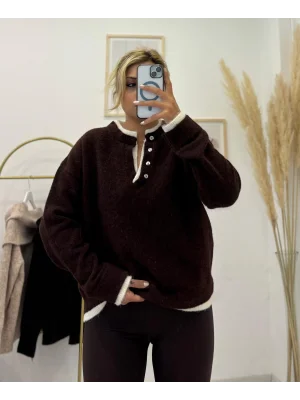 Oversize Düğmeli Henley Yaka Basic Triko Kazak - Koyu Kahverengi