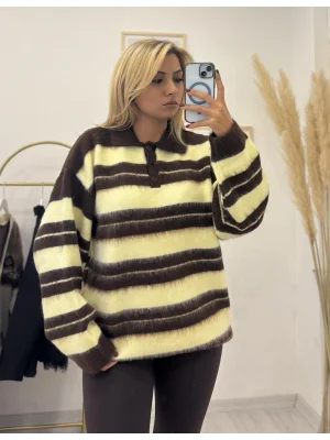 Polo Yaka Çizgili Tüylü Triko Kazak - Kahve Sarı