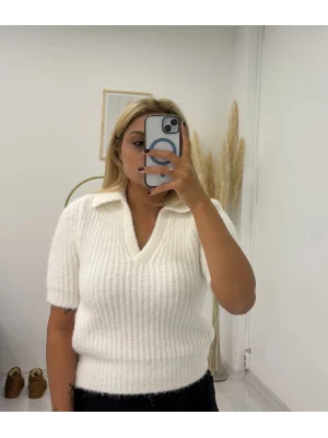 Polo Yaka Kısa Kollu Angora Efektli Triko Kazak