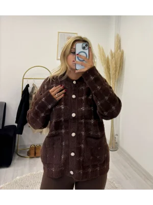 Taş Düğmeli Tüylü Triko Hırka - Kahve