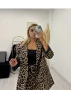 Leopar Desenli Kemerli Şort Etekli Blazer Takım