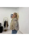 Fermuarlı Oversize Bomber Ceket - Bej/Siyah