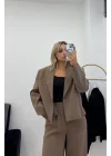 Oversize Crop Blazer ve Geniş Paça Pantolon Takımı - Vizon/Siyah