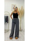 Büzgülü/Bağcıklı Bel Geniş Paça Dokuma Pantolon - Füme/Koyu Gri