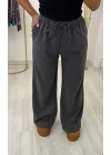 Büzgülü/Bağcıklı Bel Geniş Paça Dokuma Pantolon - Füme/Koyu Gri