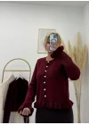 Peplum Kesim Fırfırlı Düğmeli Triko Kardigan - Vişne Çürüğü