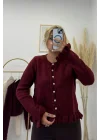 Peplum Kesim Fırfırlı Düğmeli Triko Kardigan - Vişne Çürüğü