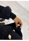 İnci Düğmeli Balon Kollu Yumuşak Tüylü (Fuzzy) Triko Hırka - Siyah