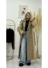Patchwork (Kombin) Desenli ve Düz Kumaşlı Uzun Trench Coat - Bej & Ekose