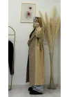 Patchwork (Kombin) Desenli ve Düz Kumaşlı Uzun Trench Coat - Bej & Ekose
