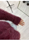 V Yaka Düğmeli Yumuşak Tüylü (Shaggy) Crop Triko Hırka - Vişne Çürüğü/Bordo