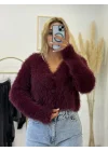 V Yaka Düğmeli Yumuşak Tüylü (Shaggy) Crop Triko Hırka - Vişne Çürüğü/Bordo