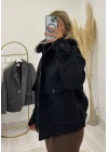 Kürklü Yaka Cepli Bomber Kısa Mont - Krem/Siyah