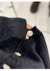 Broş Detaylı Taş Düğmeli Yumuşak Tüylü (Fuzzy) Triko Hırka - Siyah