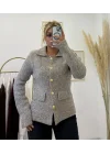Tüvit (Buklet) Görünümlü Gold Düğmeli Triko Ceket - Açık Bej/Gri Melanj