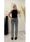 Yüksek Bel Düz Paça Ham Kesimli Gri Jean Pantolon