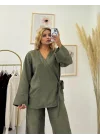 Haki Yeşil Kuşaklı Kimono Üst ve Bol Paça Pantolon Takımı