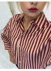 Oversize Dikey Çizgili Poplin Gömlek - Bordo Krem