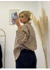 Oversize Dikey Çizgili Poplin Gömlek - Kahve Bej