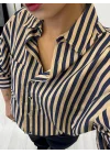Oversize Dikey Çizgili Poplin Gömlek - Lacivert Bej