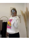 Meyve İşlemeli Grafik Baskılı Oversize Sweatshirt - Beyaz