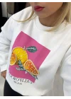 Meyve İşlemeli Grafik Baskılı Oversize Sweatshirt - Beyaz