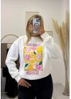 Beyaz Limon Desenli Grafik Baskılı Oversize Sweatshirt