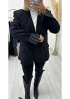 Siyah Çizgili Astarlı Oversize Blazer Ceket