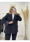 Siyah Çizgili Astarlı Oversize Blazer Ceket