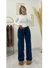 Wide Leg Yüksek Bel Cepli Jean Pantolon - Koyu Denim