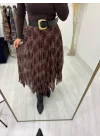 Kahverengi Ekose Desenli Pileli Midi Etek