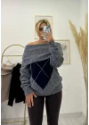 Oversize Düşük Omuzlu Baklava Desenli Triko Kazak - Gri
