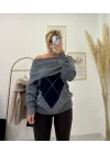 Oversize Düşük Omuzlu Baklava Desenli Triko Kazak - Gri