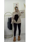 Oversize Düşük Omuzlu Baklava Desenli Triko Kazak - Bej