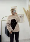 Oversize Düşük Omuzlu Baklava Desenli Triko Kazak - Bej