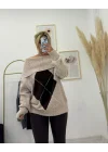 Oversize Düşük Omuzlu Baklava Desenli Triko Kazak - Bej