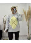 Argyle Desenli Oversize Kazak - Gri/Sarı