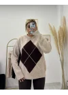 Argyle Desenli Oversize Kazak Bej/Kahverengi