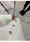 Tüylü Shaggy Triko Kısa Hırka - Gold Düğmeli Krem