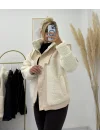 Peluş ve Kontrast Kumaş Detaylı, Dik Yaka Fermuarlı Mont Ceket - Ekru/Bej